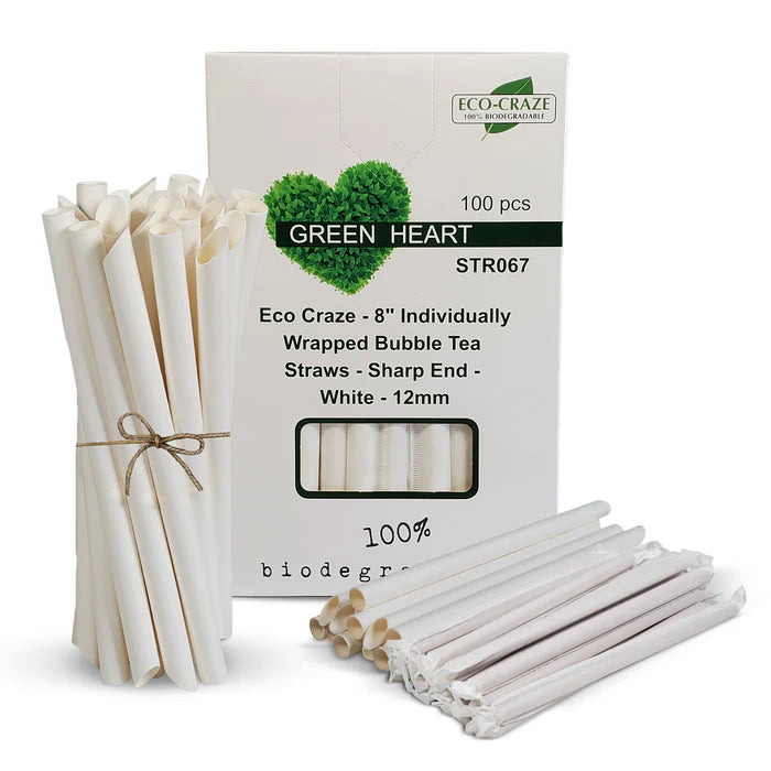 8"Ind Wrapped White Plastic Straw Bubble Tea