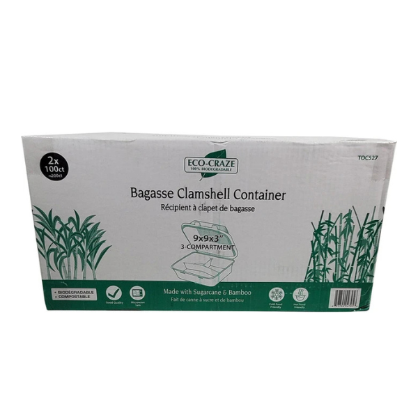 Bagasse Clamshell Food Container (9x9) 3 Comp