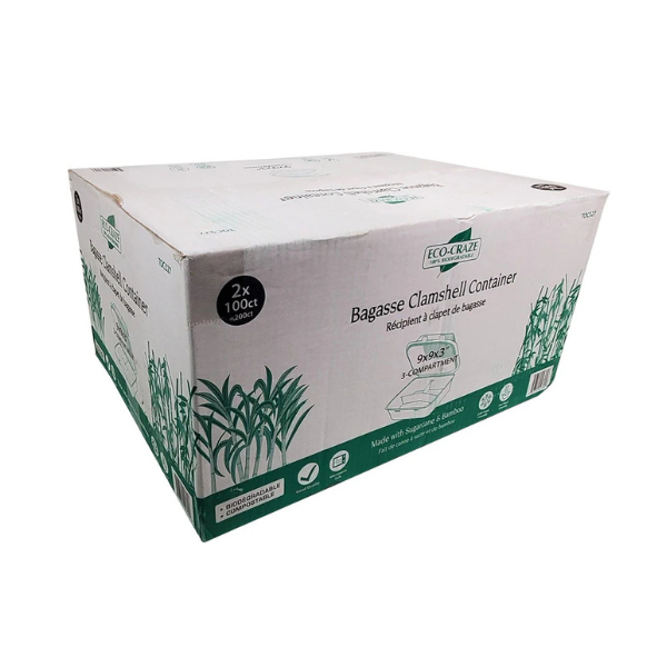 Bagasse Clamshell Food Container (9x9) 3 Comp