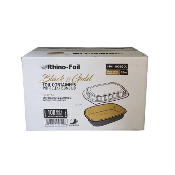 26oz Black & Gold Foil Cont. w/ Clear Dome Lid
